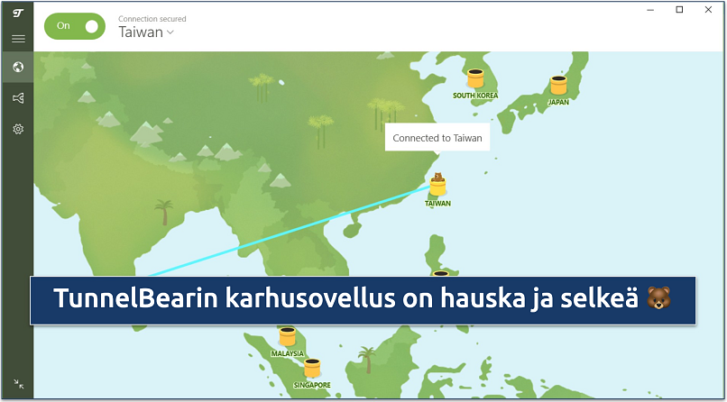 Screenshot of TunnelBear connected to Taiwan server