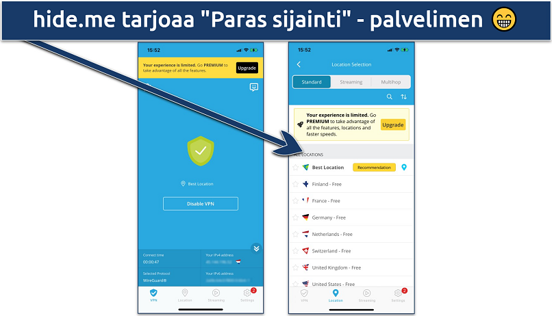 Screenshot of the free servers list in the hide.me iOS app