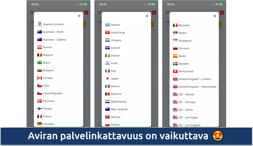 Screenshot of the server list in the Avira Phantom VPN iOS app