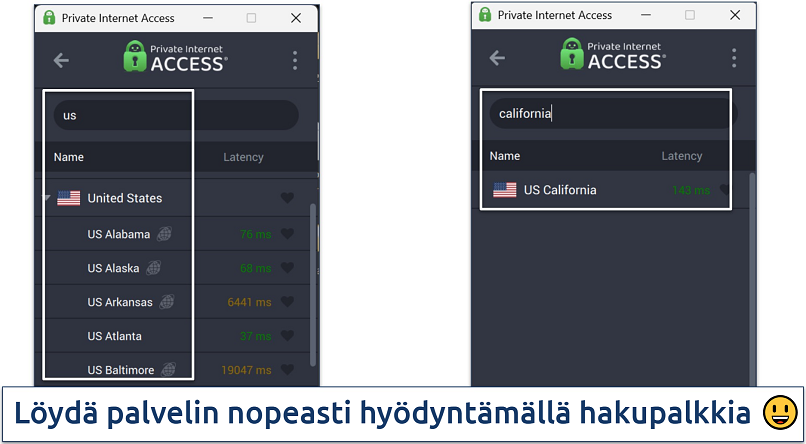 Screenshot of Private Internet Access' Windows app highlighting how to use the server search bar
